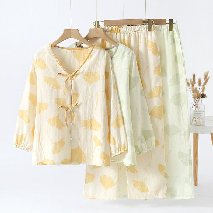 Ownkoti Ginkgo Leaf Bowknot Cotton Loungewear Set