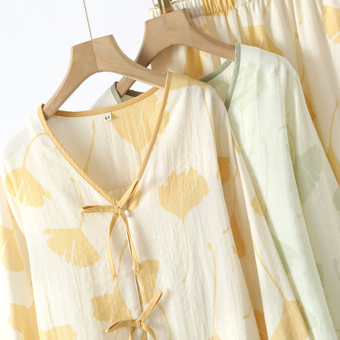 Ownkoti Ginkgo Leaf Bowknot Cotton Loungewear Set