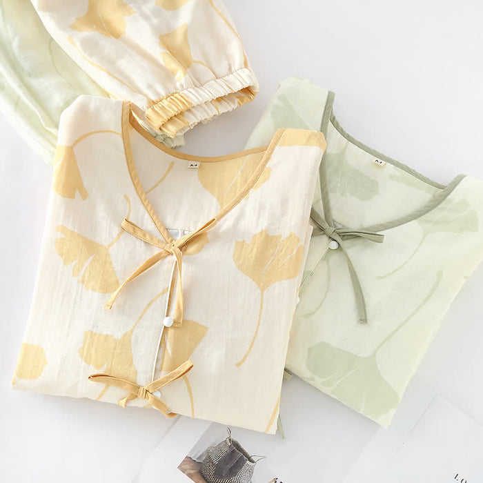 Ownkoti Ginkgo Leaf Bowknot Cotton Loungewear Set