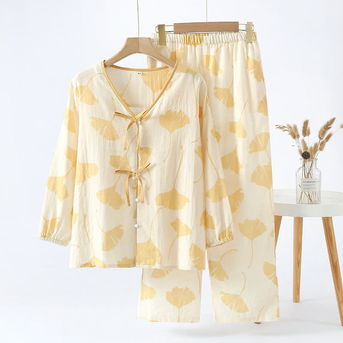 Ownkoti Ginkgo Leaf Bowknot Cotton Loungewear Set