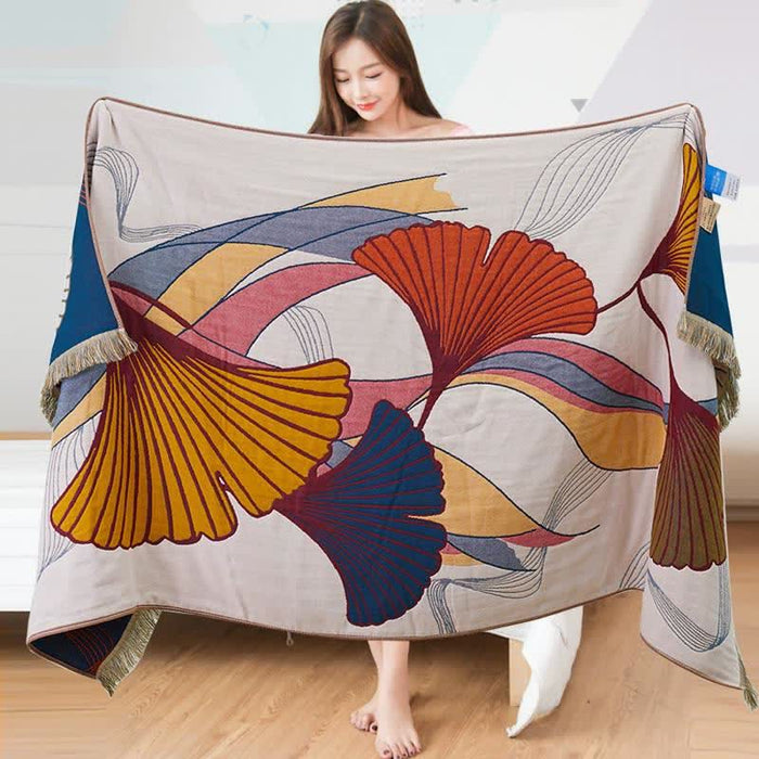Ownkoti Ginkgo Leaf Cotton Gauze Tassel Bath Towel
