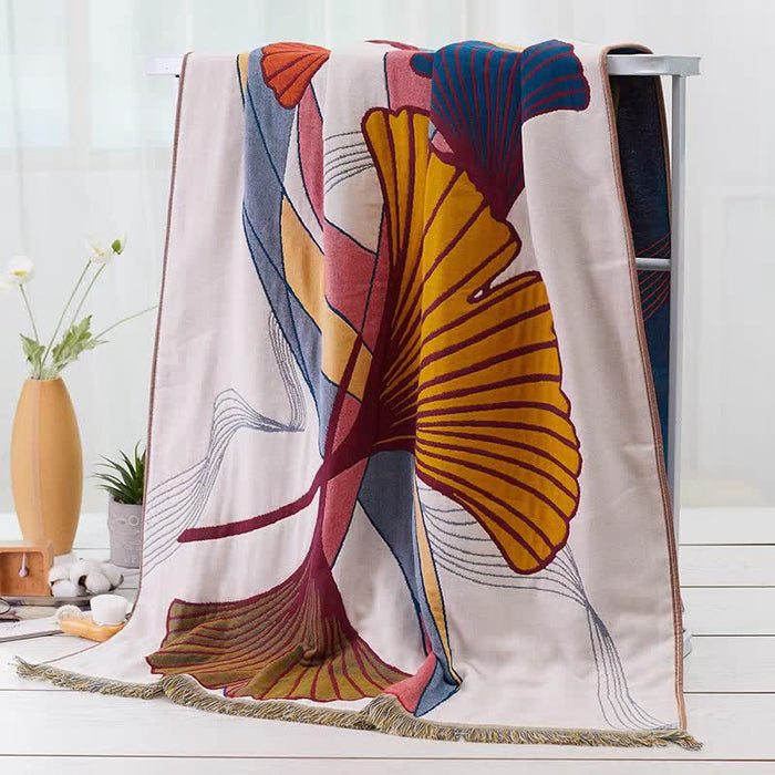 Ownkoti Ginkgo Leaf Cotton Gauze Tassel Bath Towel