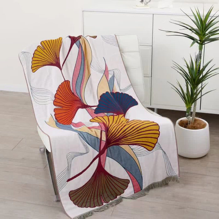 Ownkoti Ginkgo Leaf Cotton Gauze Tassel Bath Towel