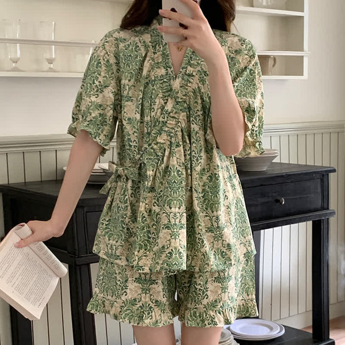 Ownkoti Green Floral Ruffle Sleeve Pajama Set - 2XL - image 0
