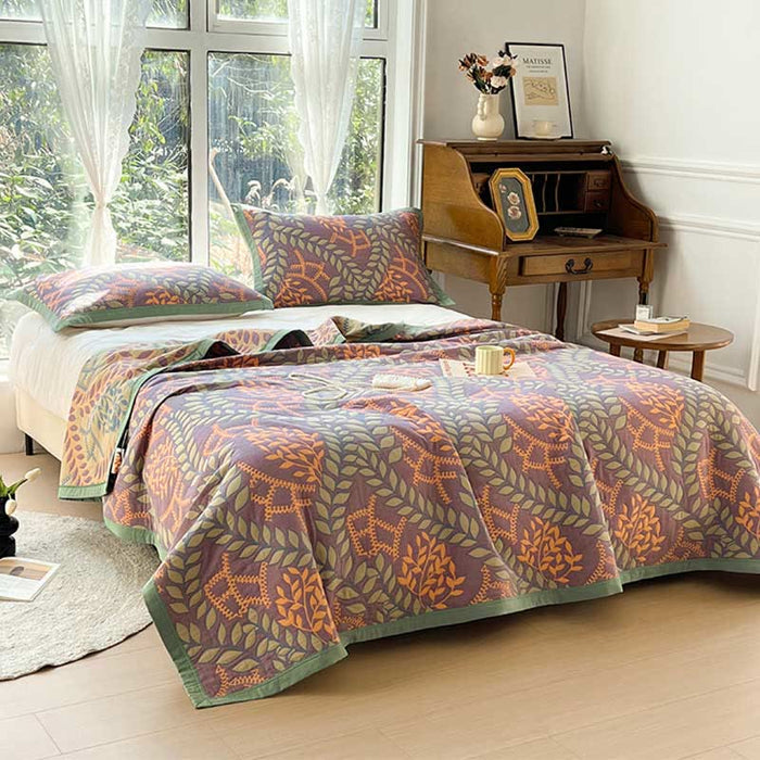Ownkoti Green & Orange Leaf Cotton Reversible Quilt