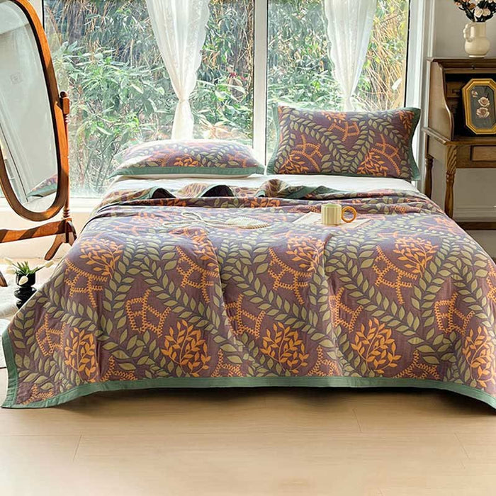 Ownkoti Green & Orange Leaf Cotton Reversible Quilt