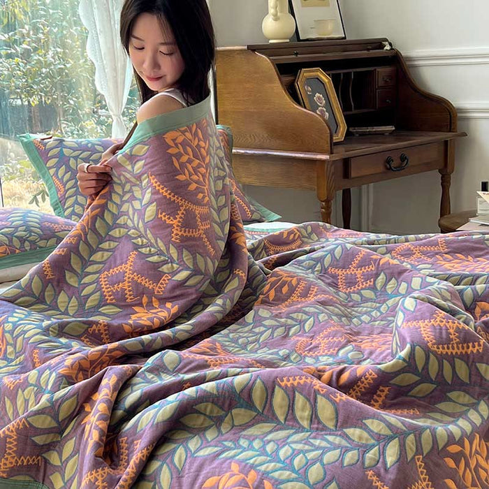 Ownkoti Green & Orange Leaf Cotton Reversible Quilt