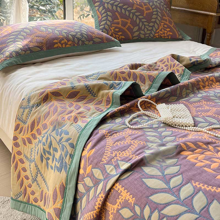 Ownkoti Green & Orange Leaf Cotton Reversible Quilt