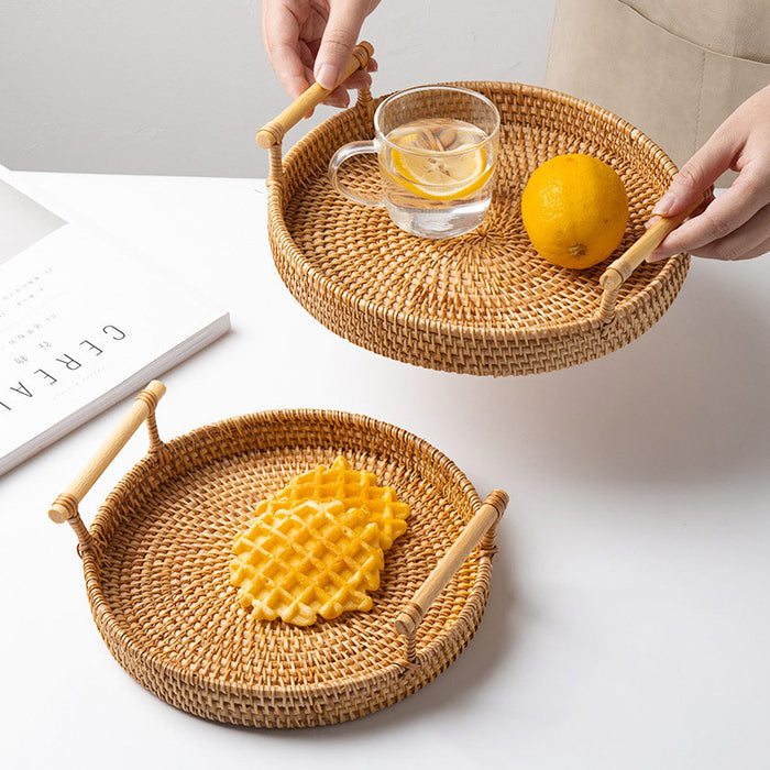 Hand Woven Rattan Round Tray With Handles
