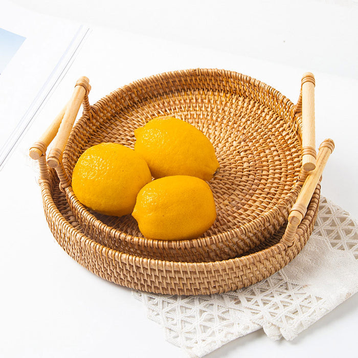 Hand Woven Rattan Round Tray With Handles