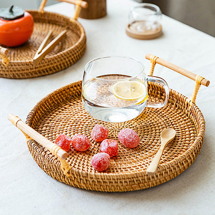 Hand Woven Rattan Round Tray With Handles