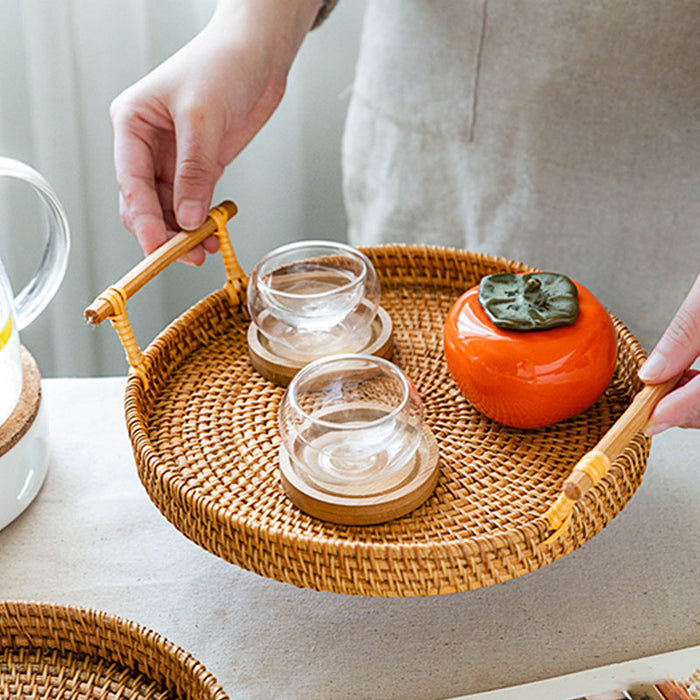 Hand Woven Rattan Round Tray With Handles
