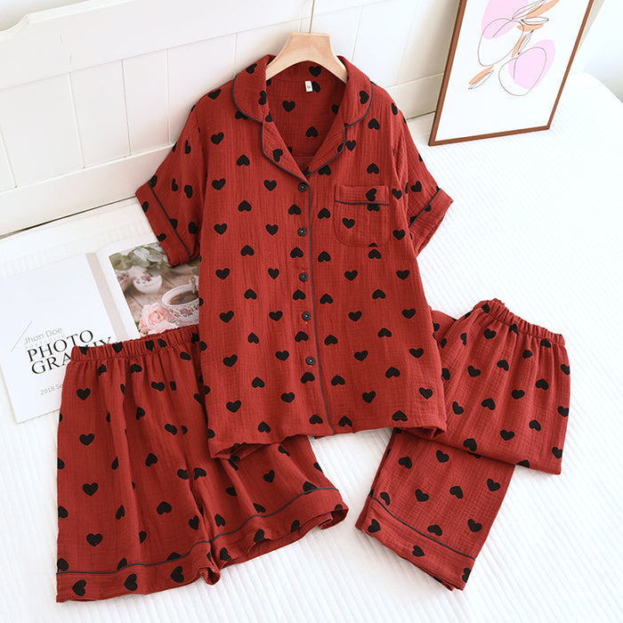 Ownkoti Heart Print Pure Cotton Pajama Set(3PCS) - Red - XL - image 1