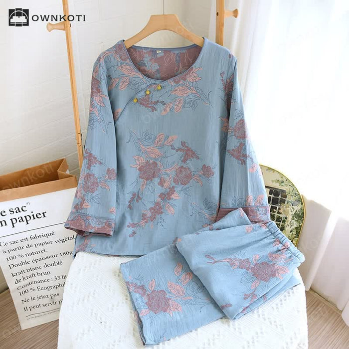 Ownkoti Jacquard Floral Cotton Round-neck Loungewear Set