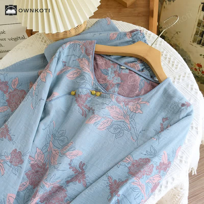 Ownkoti Jacquard Floral Cotton Round-neck Loungewear Set