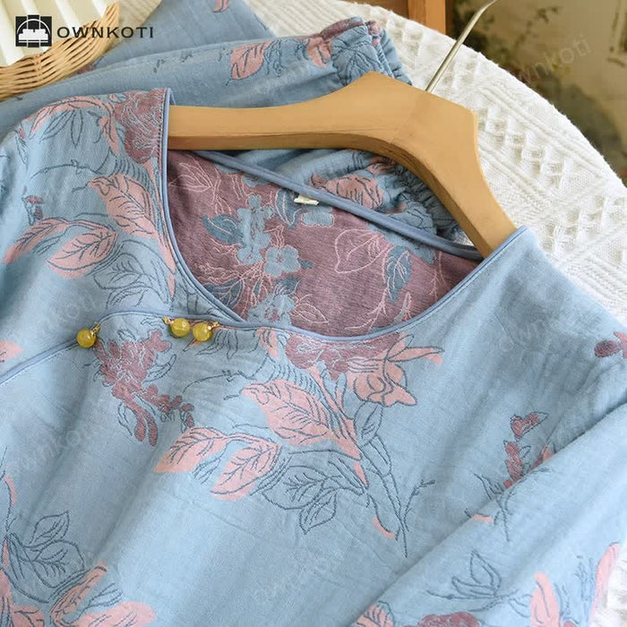 Ownkoti Jacquard Floral Cotton Round-neck Loungewear Set