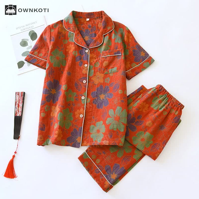 Ownkoti Jacquard Floral Cotton Short-sleeve Pajama Set