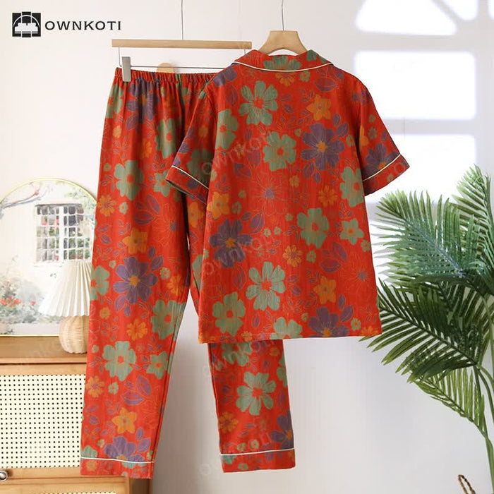 Ownkoti Jacquard Floral Cotton Short-sleeve Pajama Set