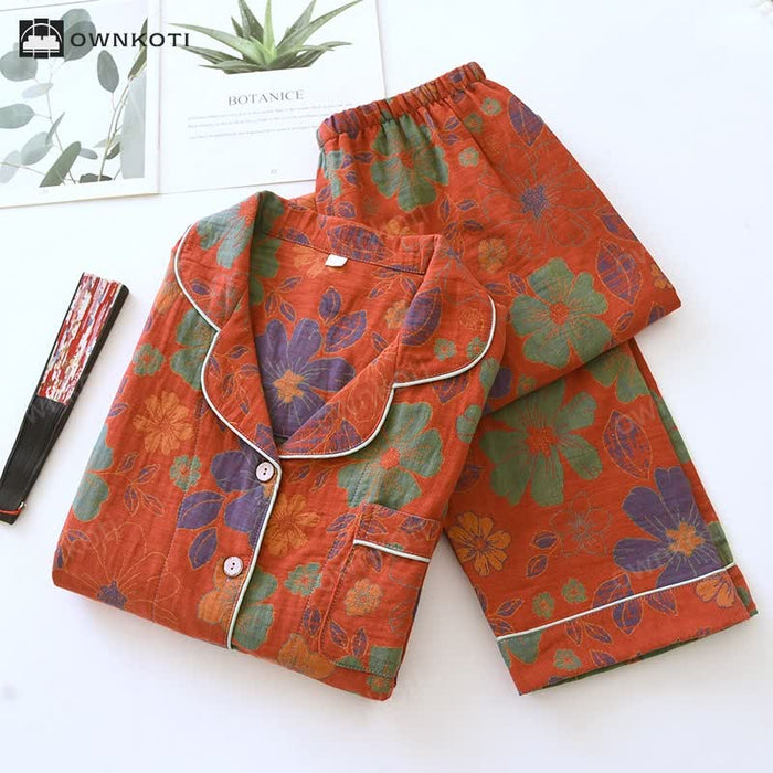 Ownkoti Jacquard Floral Cotton Short-sleeve Pajama Set