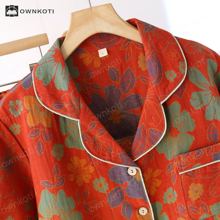 Ownkoti Jacquard Floral Cotton Short-sleeve Pajama Set