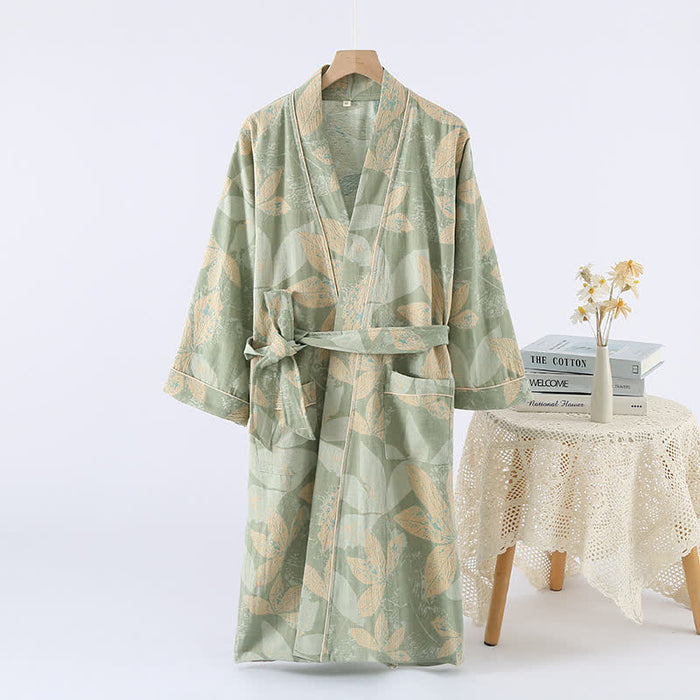 Ownkoti Jacquard Leaf Cotton Kimono Spa Bathrobe