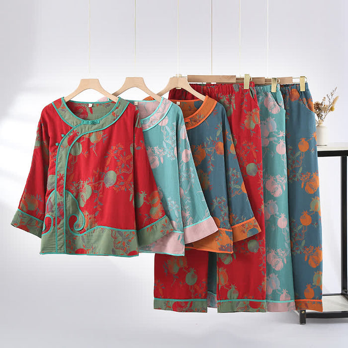 Ownkoti Jacquard Pomegranate Cotton Gauze Nightwear Set