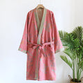 Ownkoti Jacquard Retro Cotton Gauze Pastoral Style Bathrobe - Pink - L - image 0