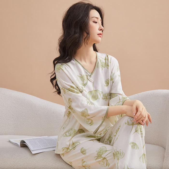 Ownkoti Knotted Buttons Refresh Floral Loungewear Set
