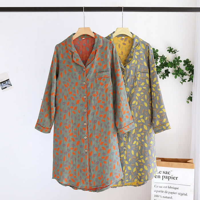 Ownkoti Leaf Tuxedo Button Cotton Nightdress