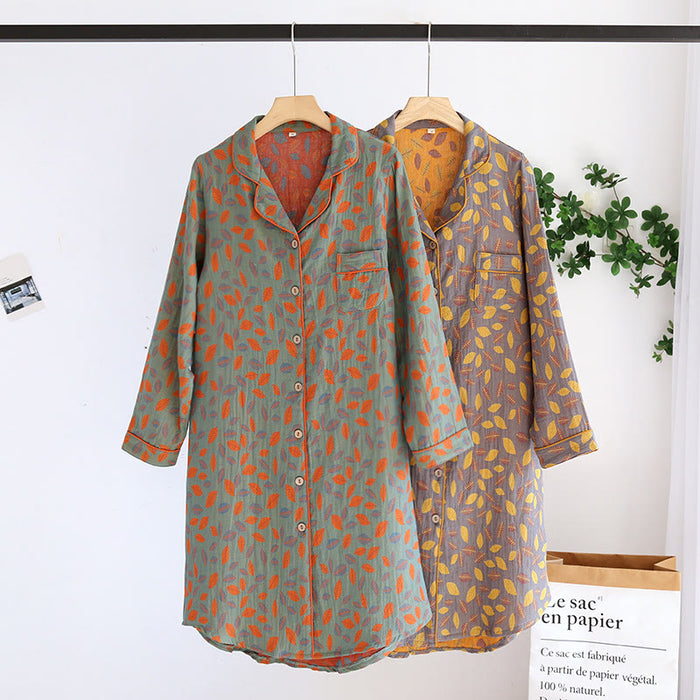 Ownkoti Leaf Tuxedo Button Cotton Nightdress