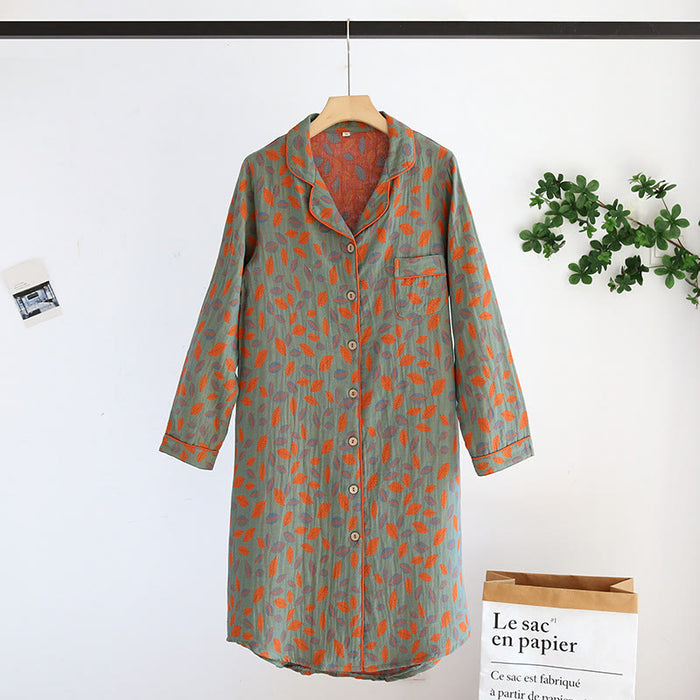 Ownkoti Leaf Tuxedo Button Cotton Nightdress