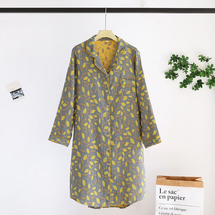 Ownkoti Leaf Tuxedo Button Cotton Nightdress