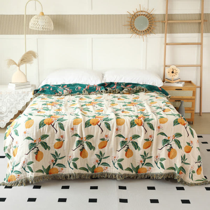 Ownkoti Lemon Print Cotton Gauze Tassel Reversible Quilt
