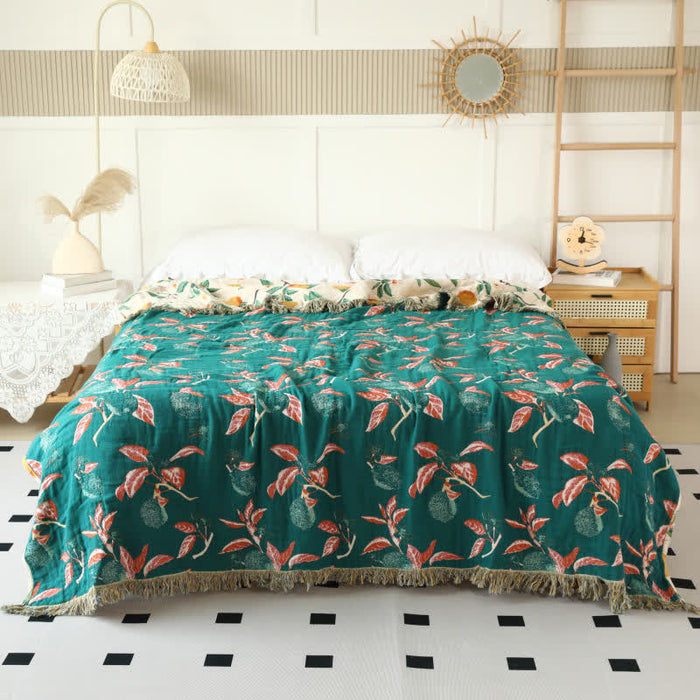Ownkoti Lemon Print Cotton Gauze Tassel Reversible Quilt