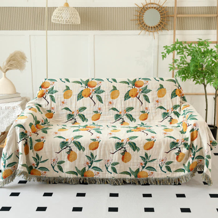 Ownkoti Lemon Print Cotton Gauze Tassel Reversible Quilt
