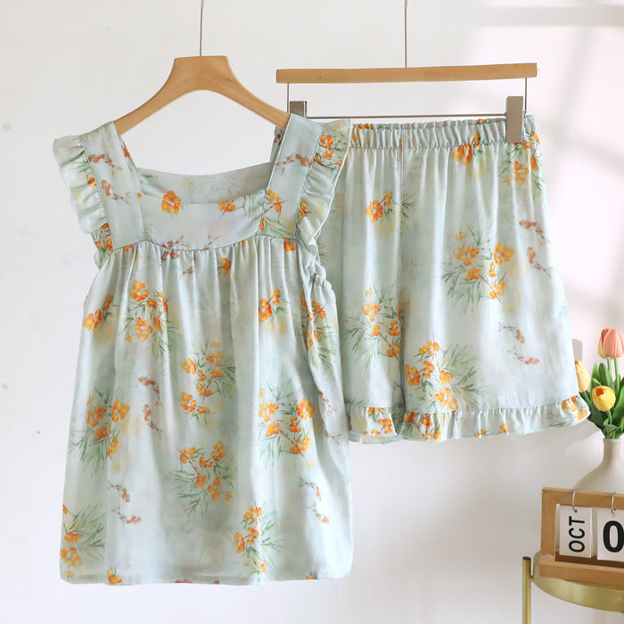 Ownkoti Loquat Print Ruffle Padded Camisole Loungewear Set