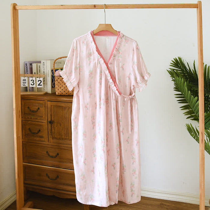Ownkoti Pink Floral Short Sleeve Cross-front Nightdress