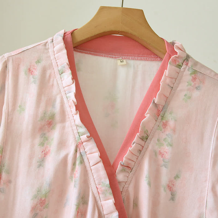 Ownkoti Pink Floral Short Sleeve Cross-front Nightdress