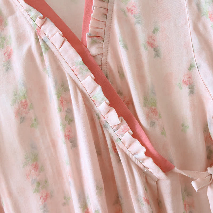 Ownkoti Pink Floral Short Sleeve Cross-front Nightdress