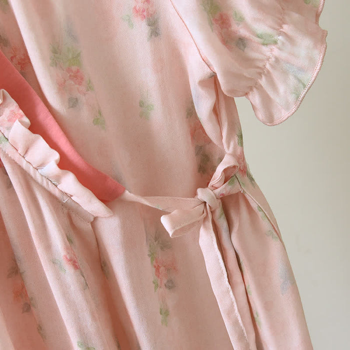 Ownkoti Pink Floral Short Sleeve Cross-front Nightdress