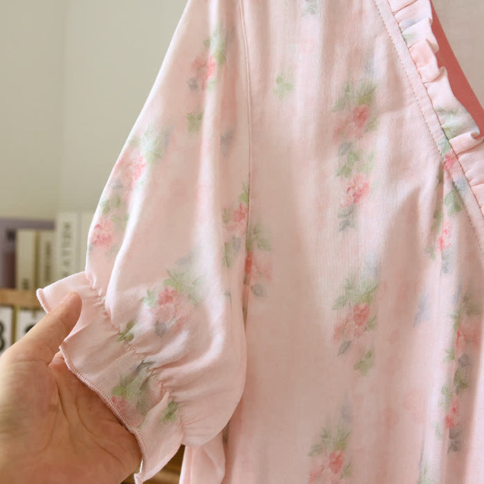 Ownkoti Pink Floral Short Sleeve Cross-front Nightdress