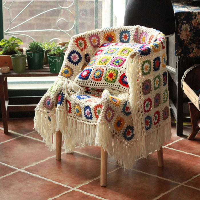 Ownkoti Plaid Daisy Sofa Crochet Tassel Blanket