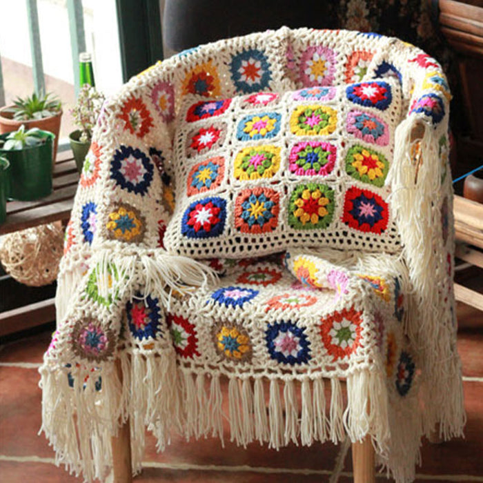 Ownkoti Plaid Daisy Sofa Crochet Tassel Blanket
