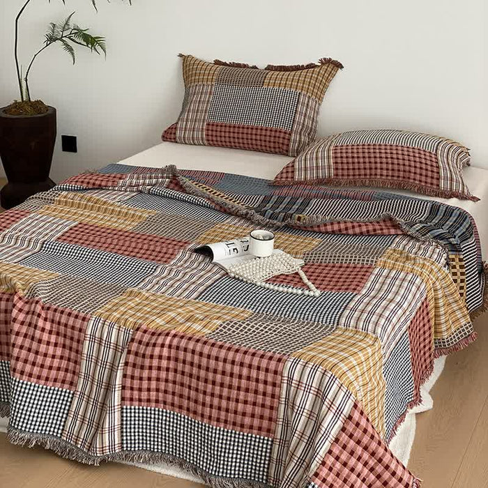 Ownkoti Plaid Print Four-layer Cotton Gauze Tassel Quilt - image 1