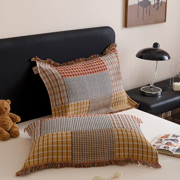 Ownkoti Plaid Print Four-layer Cotton Gauze Tassel Quilt - 2PCS Pillowtowels - 20" x 29" - image 6