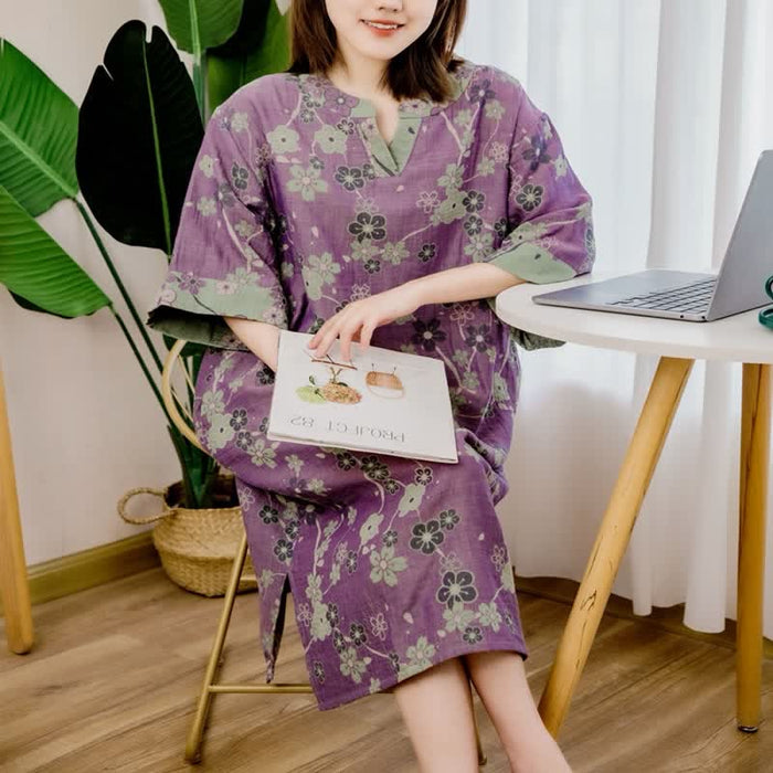 Plum Blossom V-neck Soft Cotton Nightdress Loungewear Ownkoti 1