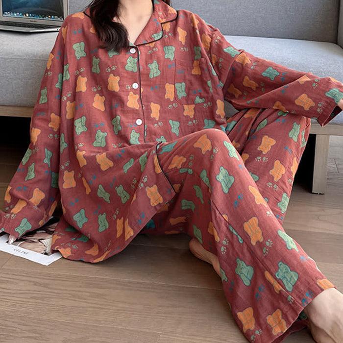 Ownkoti Plus Size Bear Cotton Lapel Loungewear Set
