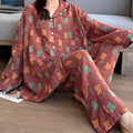 Ownkoti Plus Size Bear Cotton Lapel Loungewear Set