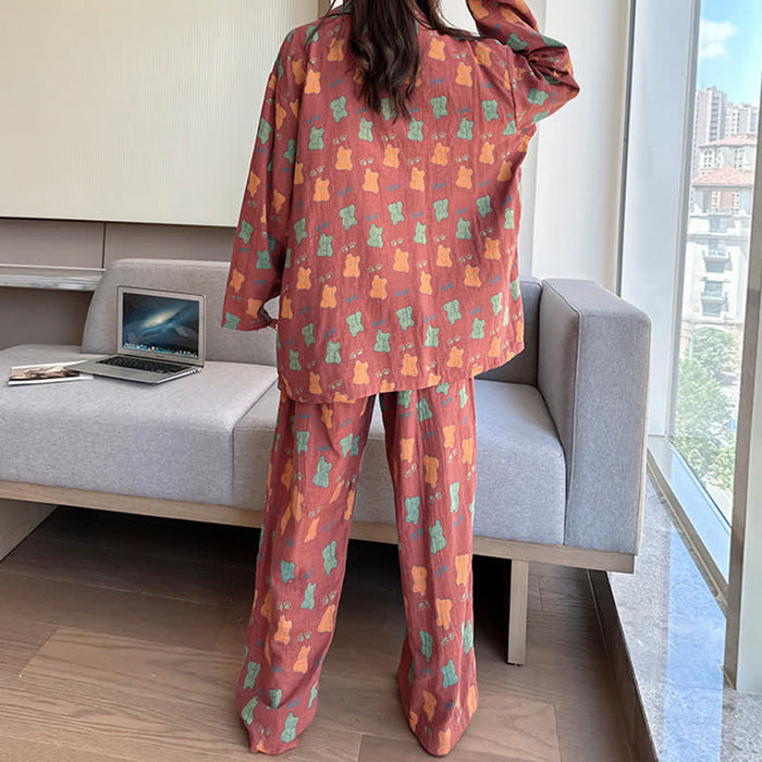 Ownkoti Plus Size Bear Cotton Lapel Loungewear Set