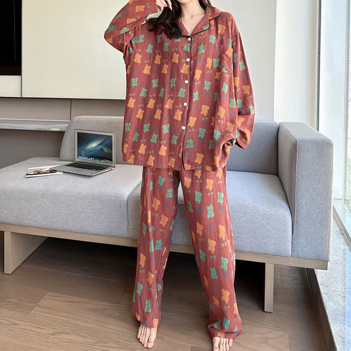 Ownkoti Plus Size Bear Cotton Lapel Loungewear Set